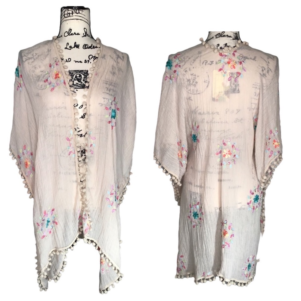 Boutique - “Life Is Beautiful” Floral Embroidered Pompom Trim Kimono - OS